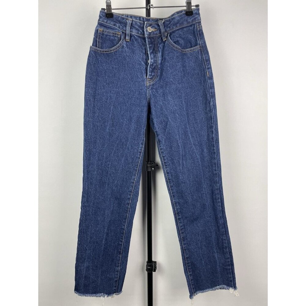John Galt Medium Blue Wash Button Fly Straight Leg Raw Hem Jeans Size S